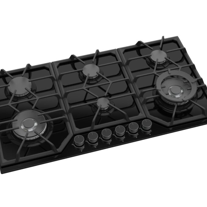 Piano Cottura a Gas a 6 fuochi da 90cm doppio Wok in Vetro Nero PremierTech PC906G