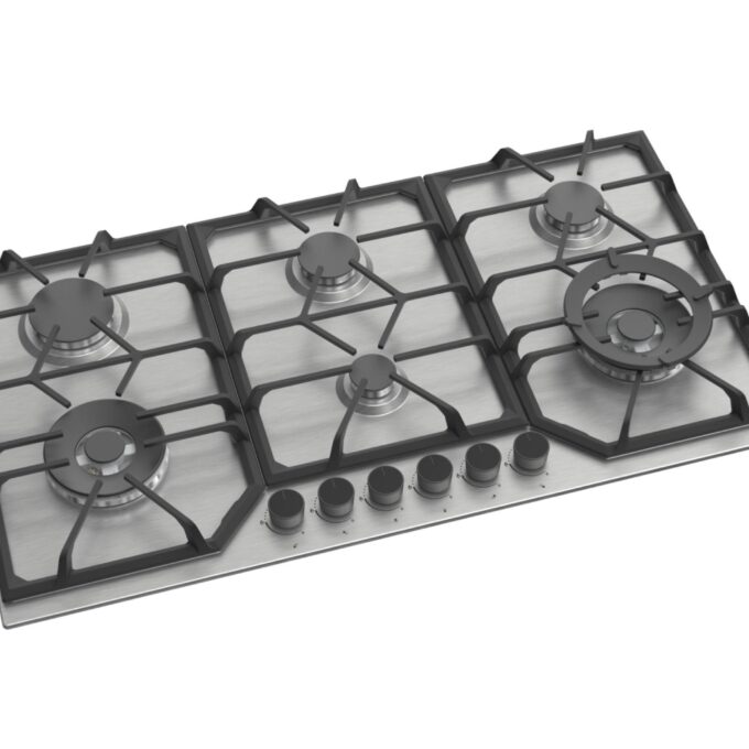 Piano Cottura a Gas a 6 fuochi da 90 cm doppio Wok in Acciaio Inox PremierTech PC906